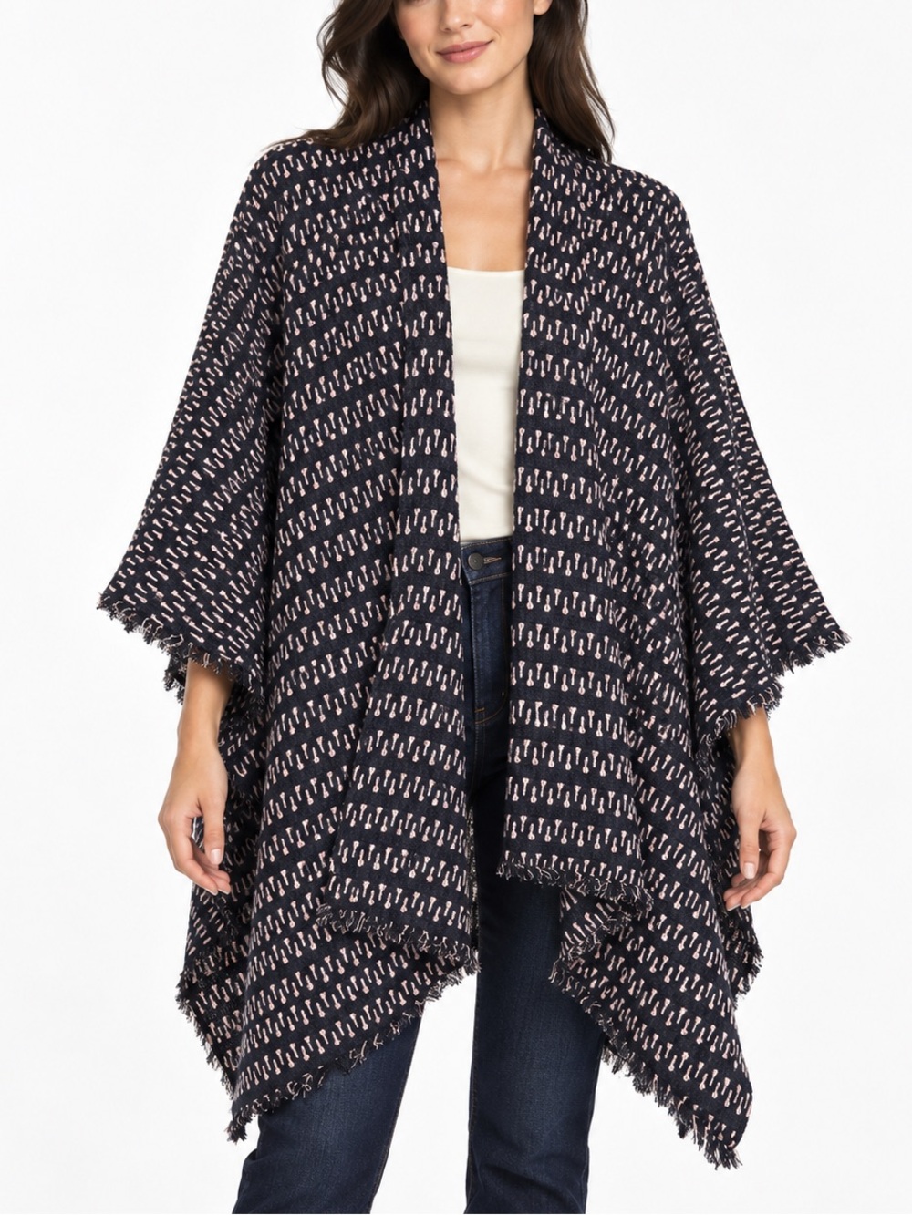 ELIZABETH AND JAMES Navy and Light Grey Textured Fringe Knit Poncho (Size M/L)